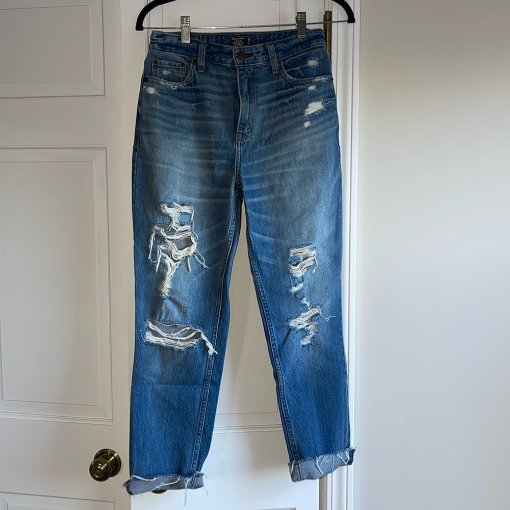 Abercrombie & Fitch Annie High Rise Girlfriend Raw Hem Distressed Jeans